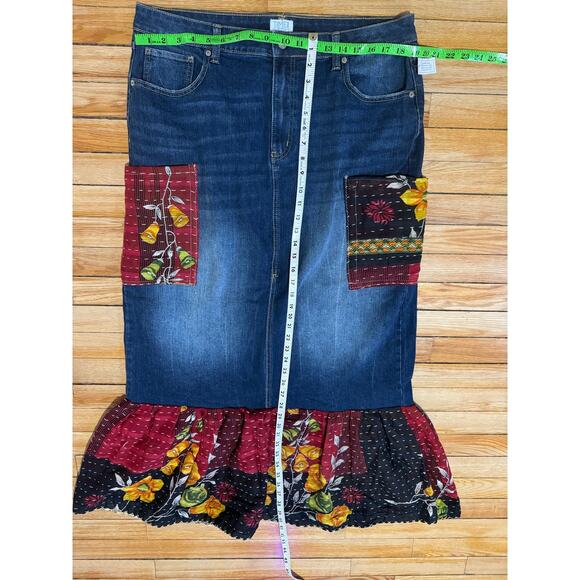 Upcycled Long Denim Skirt with Kantha Patches and Ruffle Hem | Size 16 - Picture 13 of 15